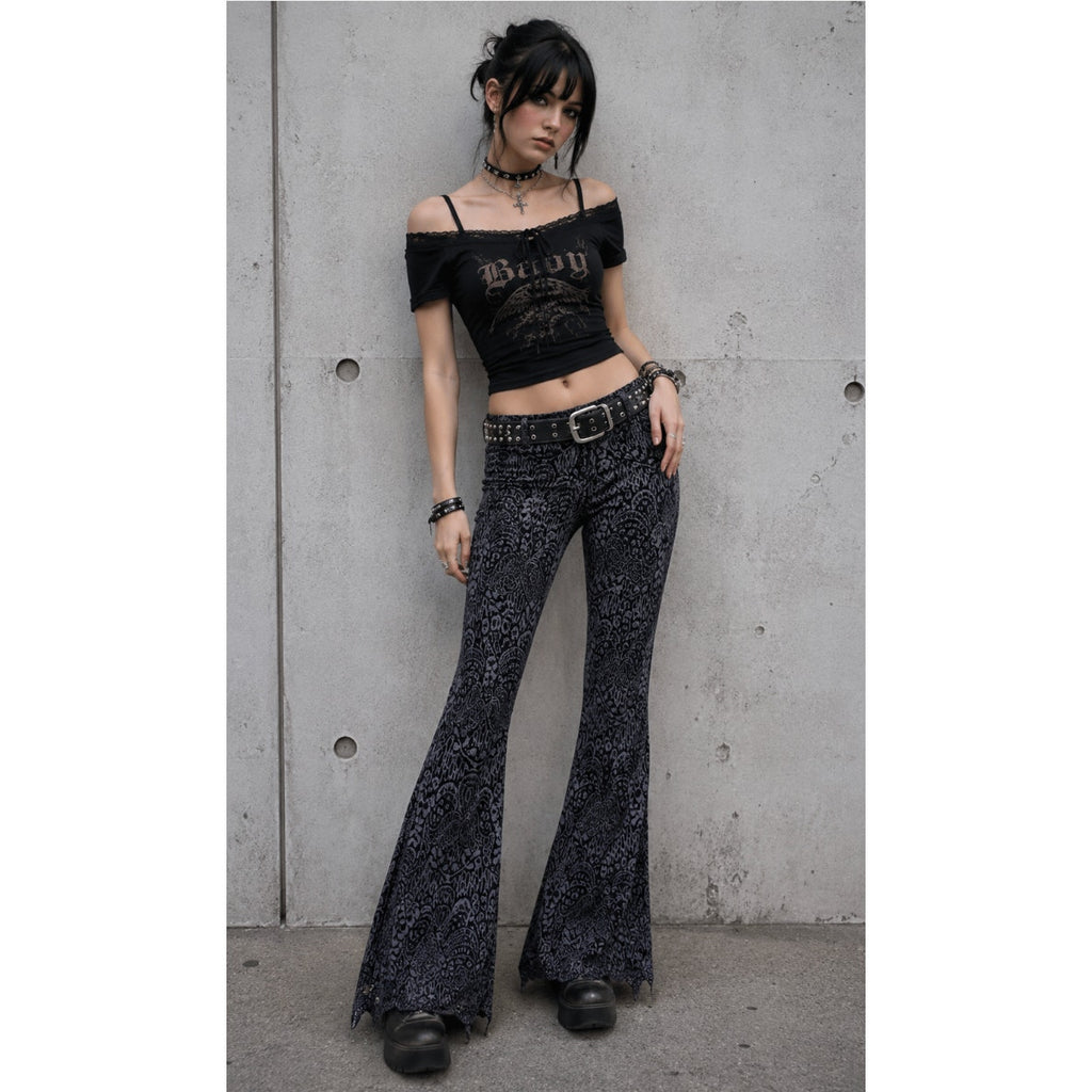 Y2K Georgie Women's Cowgirl Lace Grunge Low Rise Emo Goth Boho Flare Pants