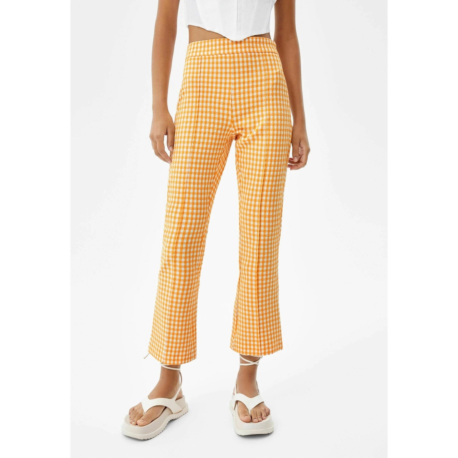 Bershka Orange Gingham Y2K Cropped Flare Pants High Waisted Retro Preppy Plaid 0