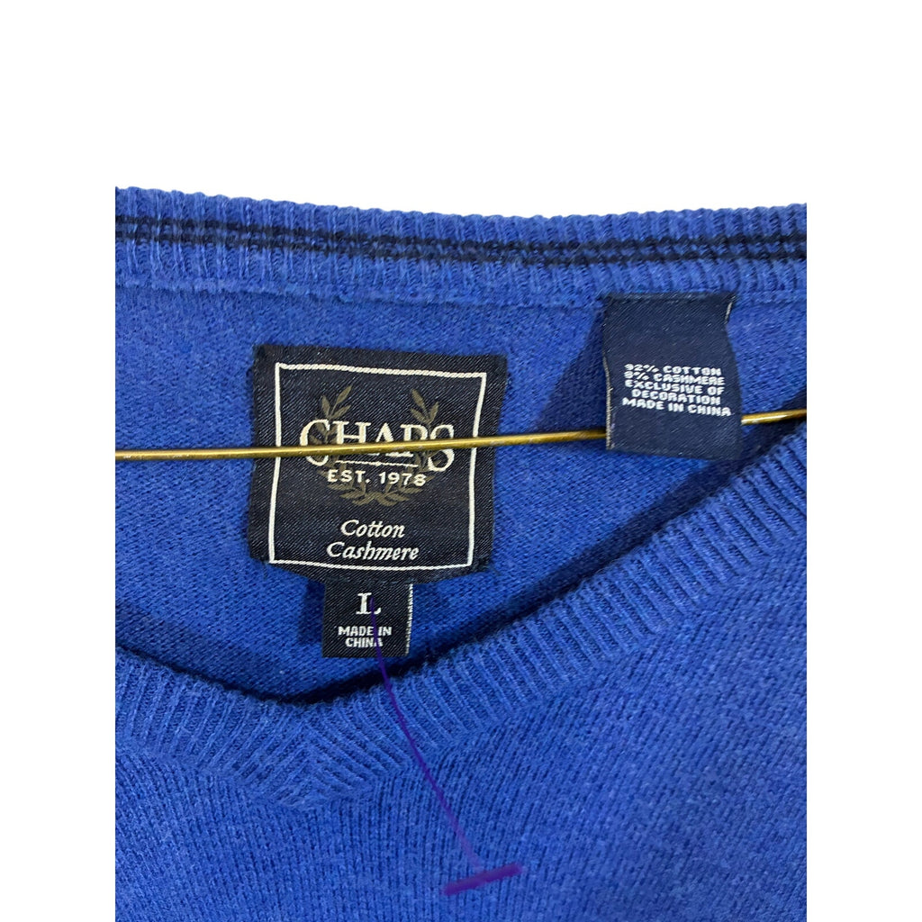 Vintage Chaps Cashmere Blend V Neck Sweater Mens Large Royal Blue Classic Knit