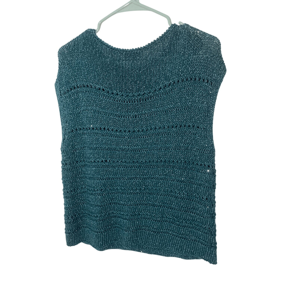 Lafayette148 Silk/Cotton Teal Open Stitch Micro Paillette CoastalGrandma Sweater