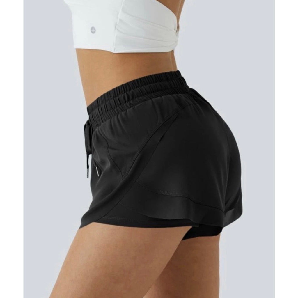 Halara Mid Rise Drawstring Contrast Mesh 2 In 1 Flowy Running Shorts 3"