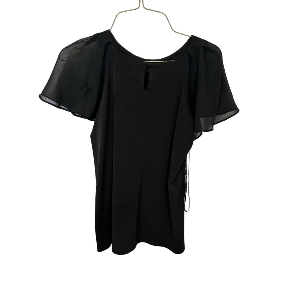 Calvin Klein Black Pleated Neck Flutter Sleeve Blouse Career Chic Top S