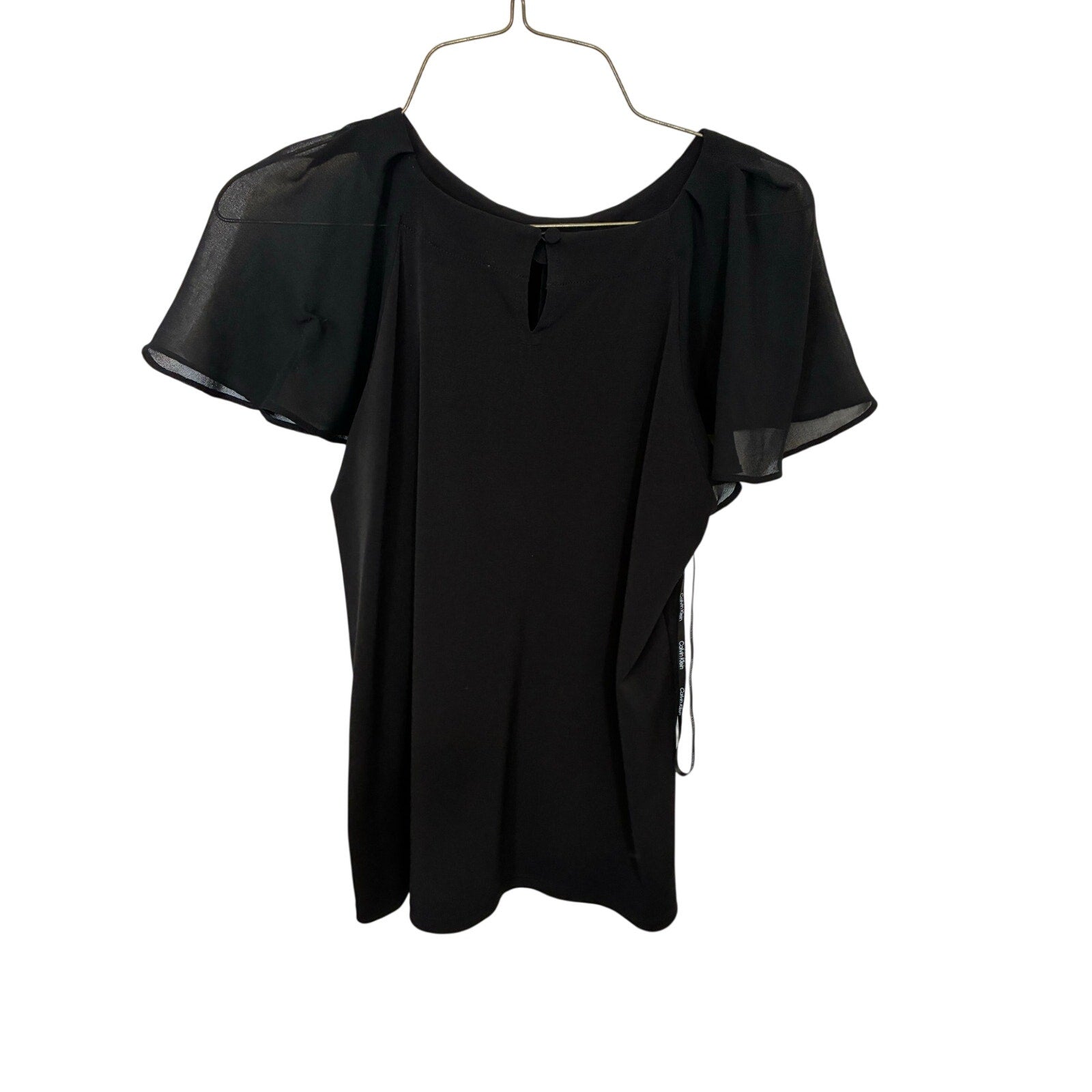 Calvin Klein Black Pleated Neck Flutter Sleeve Blouse Career Chic Top S