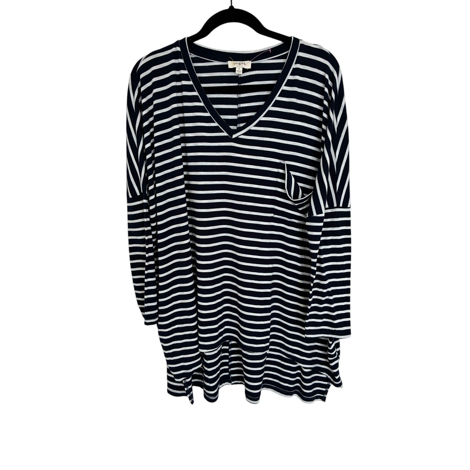 Umgee Women's Striped Long Sleeve V Neck Patch Pocket Nautical Coastal Shirt S
