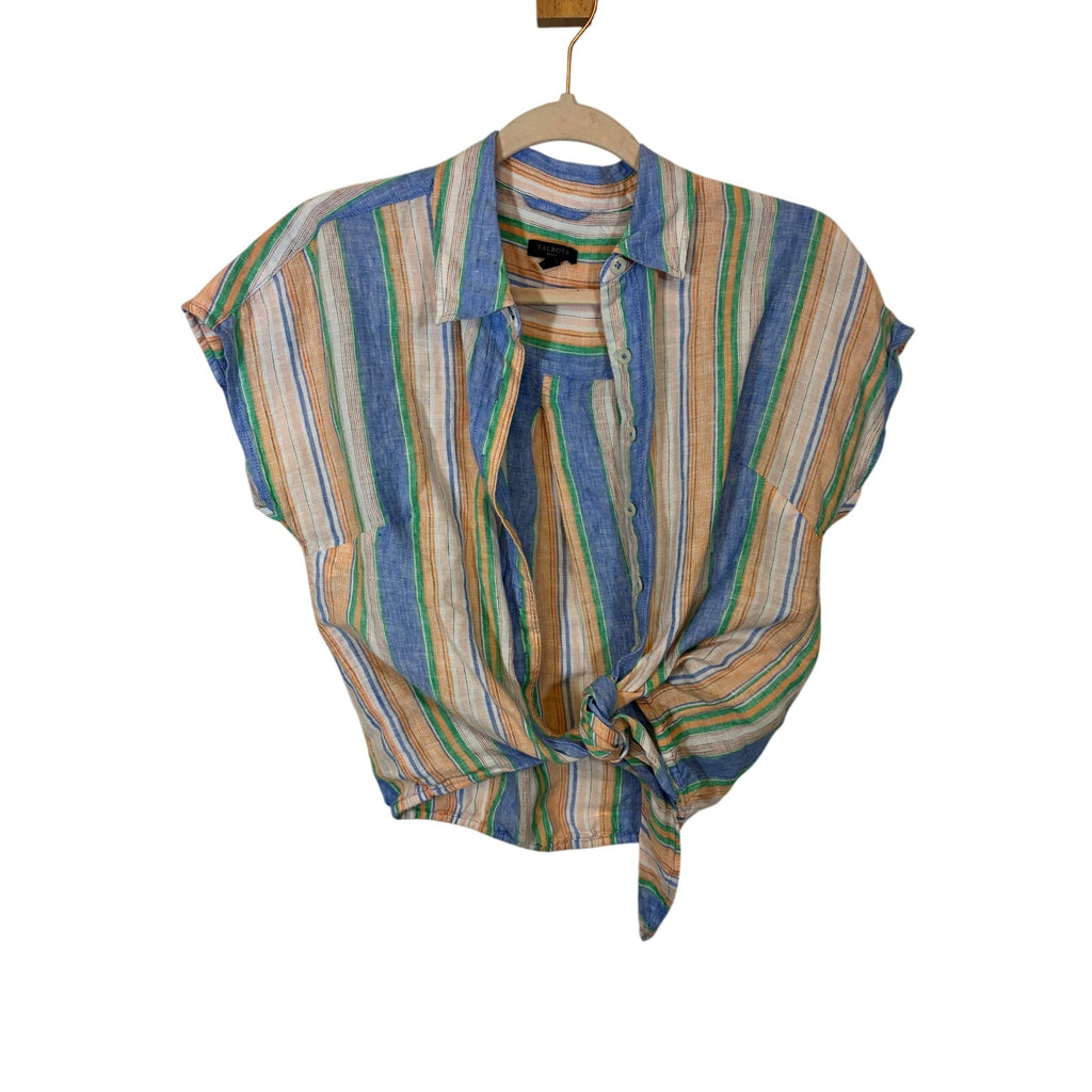 Talbots Linen Tie Hem Button Front Top Swing Stripe 0P Preppy Nautical Set
