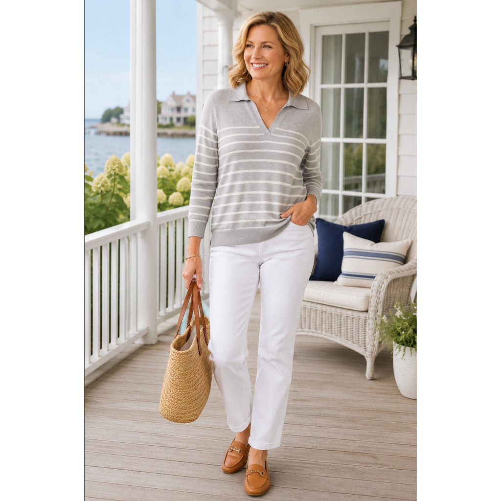 Crown & Ivy Gray White Striped Collared Sweater Women’s XL Preppy Coastal Casual