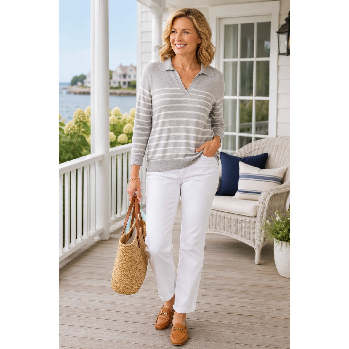 Crown & Ivy Gray White Striped Collared Sweater Women’s XL Preppy Coastal Casual