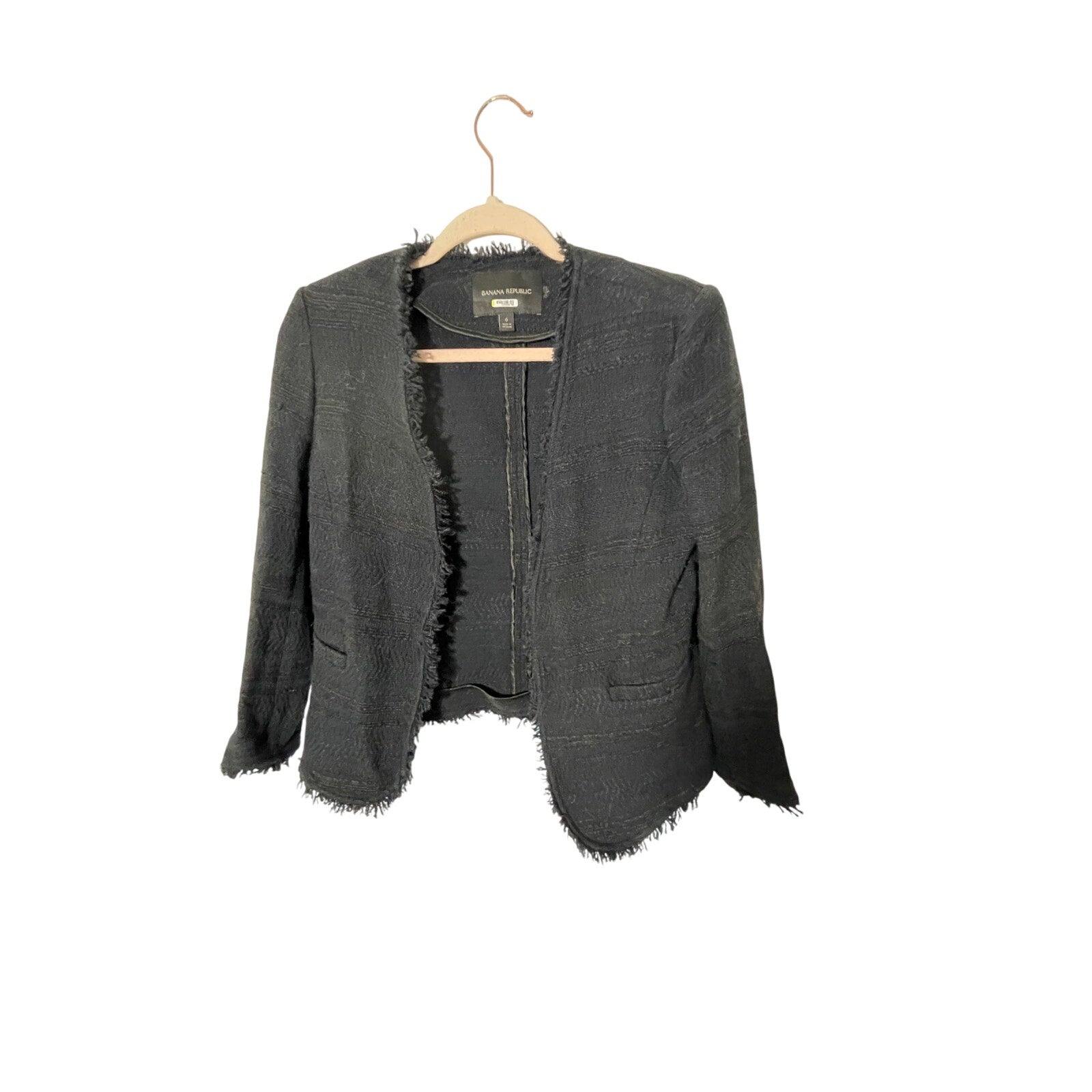 Banana Republic Women's Black Preppy Academia Minimalist Cotton Tweed Blazer 6