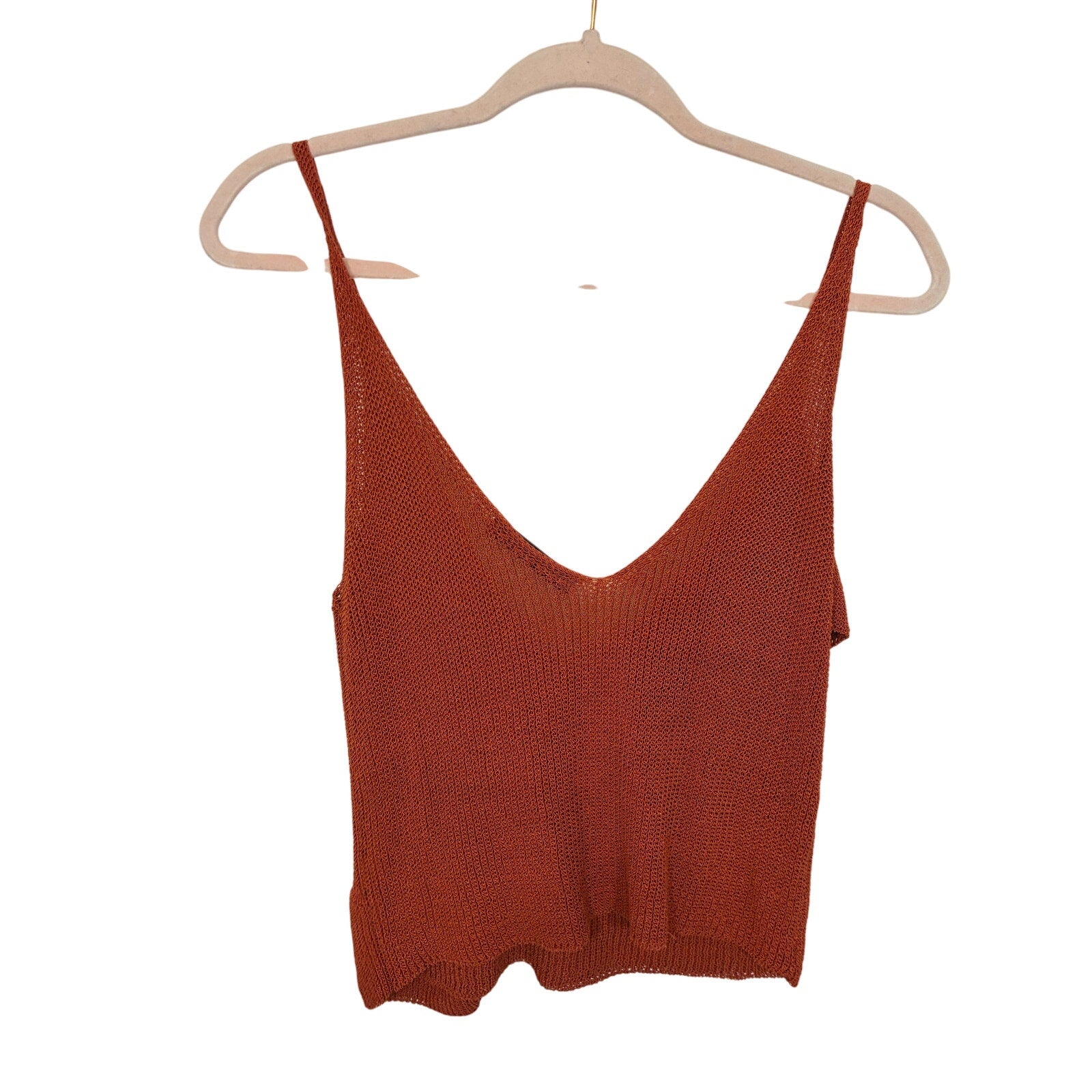 Zara Rust Orange Knit Ruffle Tank Top Western Boho Deep V-Neck Flowy S