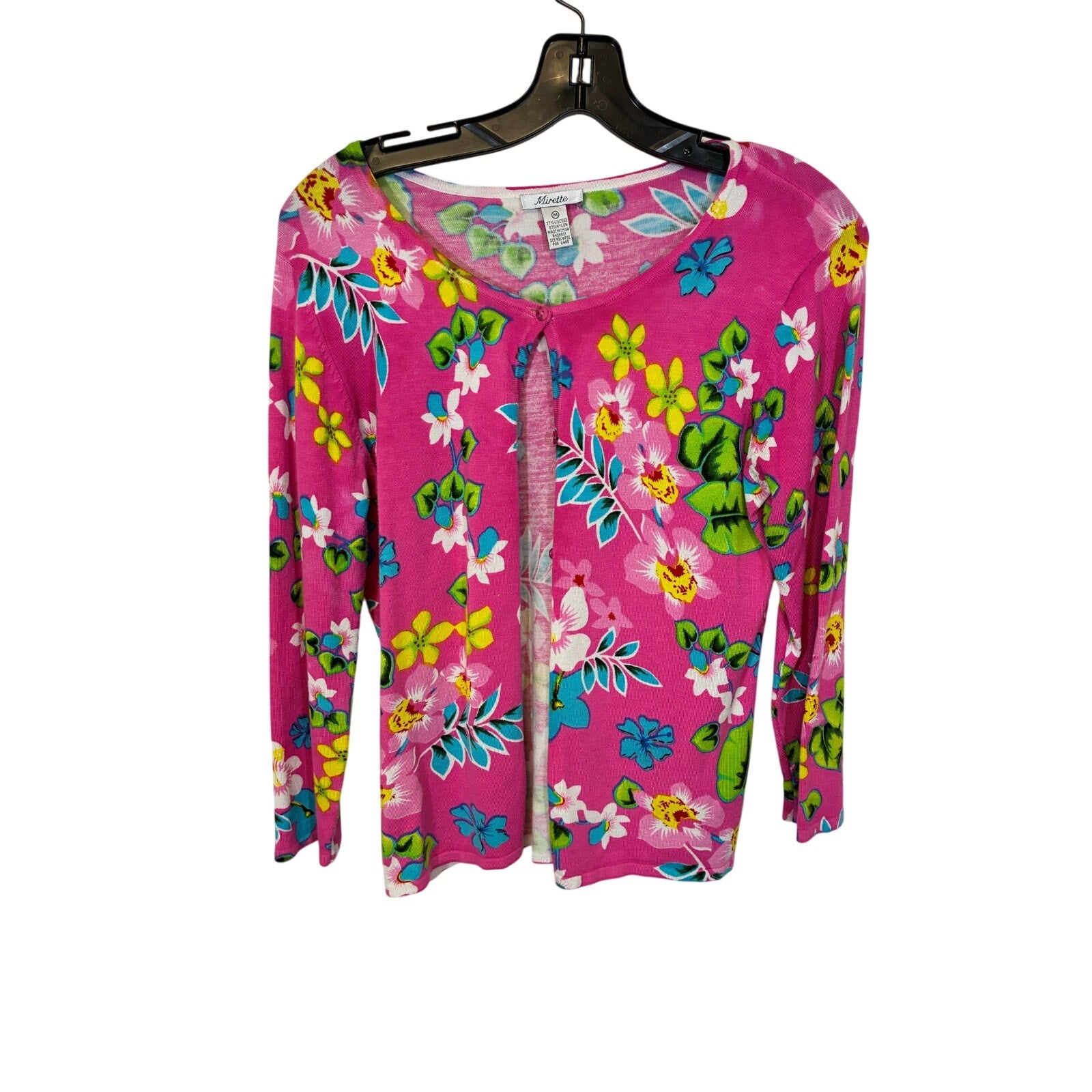 Vintage Mirette Pink Tropical Floral Cardigan Lightweight Sweater Resort Bold