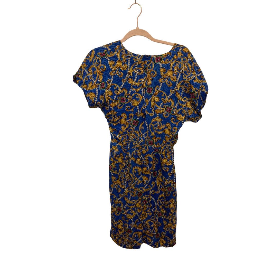 Vintage Silk Patterned Blue Front Tie Wrap Dress Retro Swing Women Midi