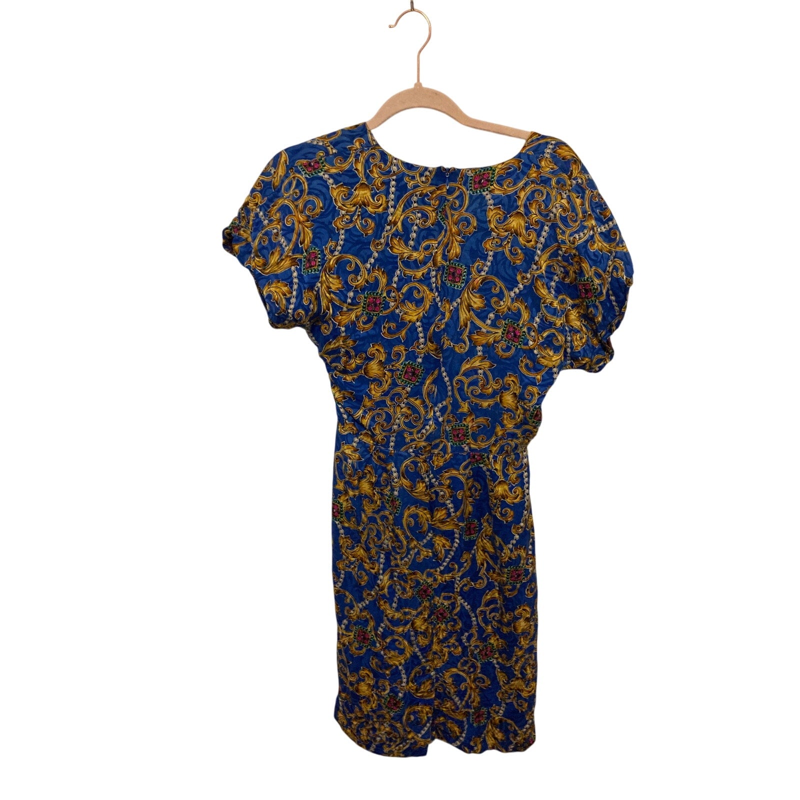Vintage Silk Patterned Blue Front Tie Wrap Dress Retro Swing Women Midi