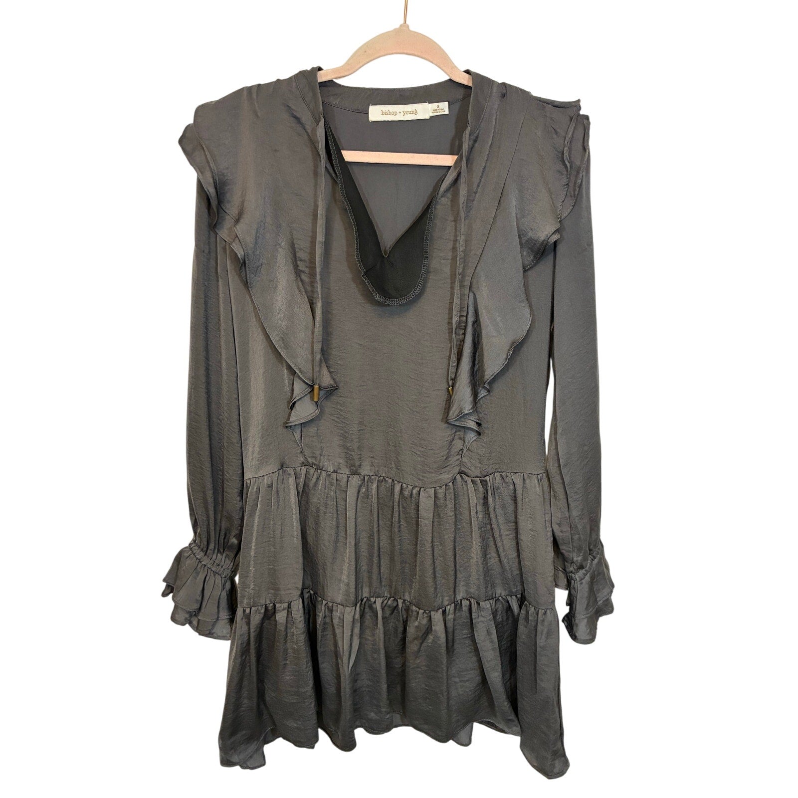 Bishop & Young Finley Long Sleeve Ruffle Boho Mini Dress Gray Preppy Minimalist