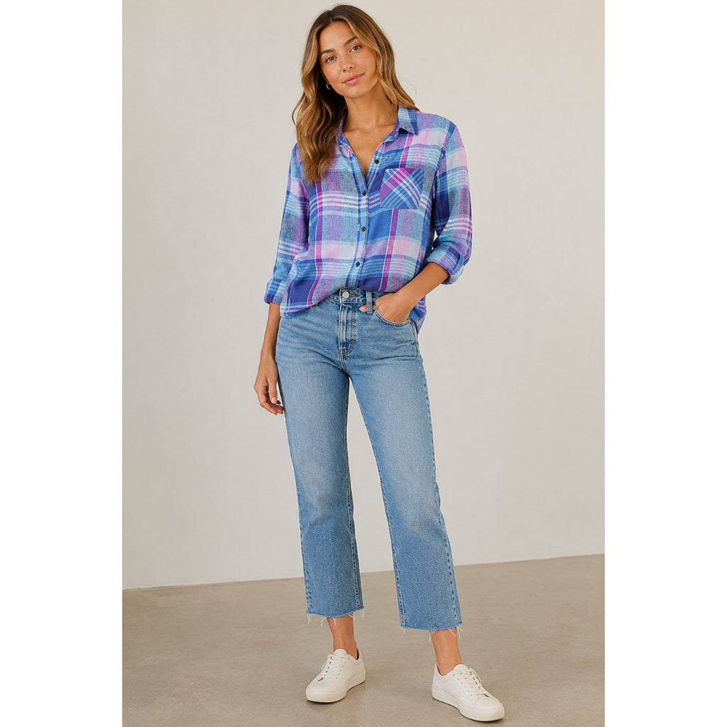 RAILS Charli Laguna Coast Plaid Shirt Blue Pink Coastal Preppy Button Front S