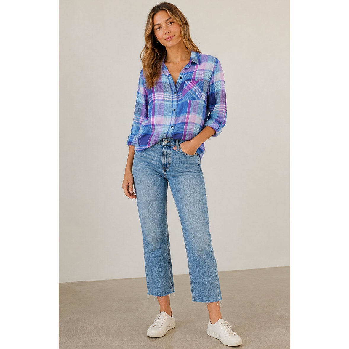 RAILS Charli Laguna Coast Plaid Shirt Blue Pink Coastal Preppy Button Front S