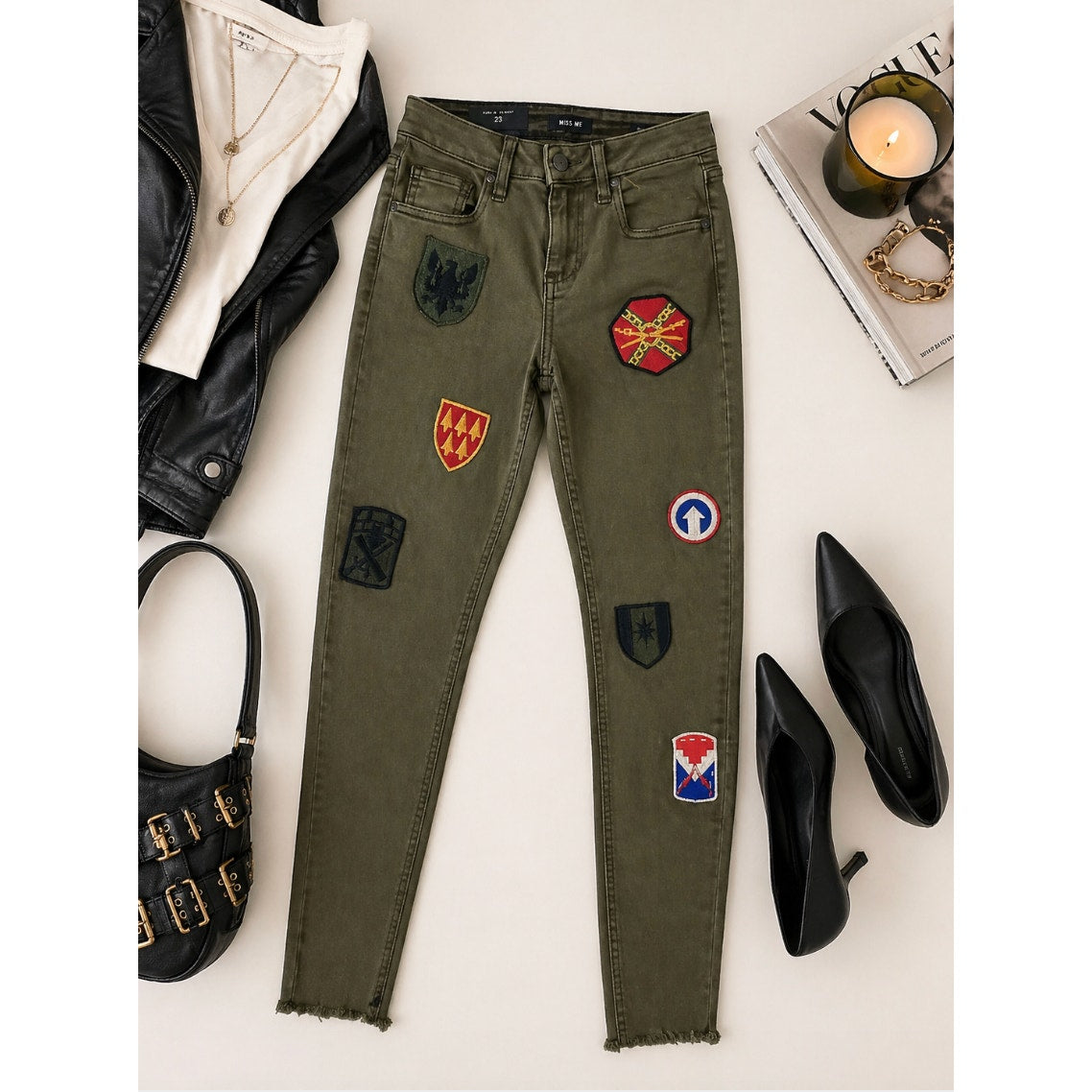 NWT 25 Miss Me Jeans Olive Green Patch It Up Army Biker Ankle Skinny Jeans