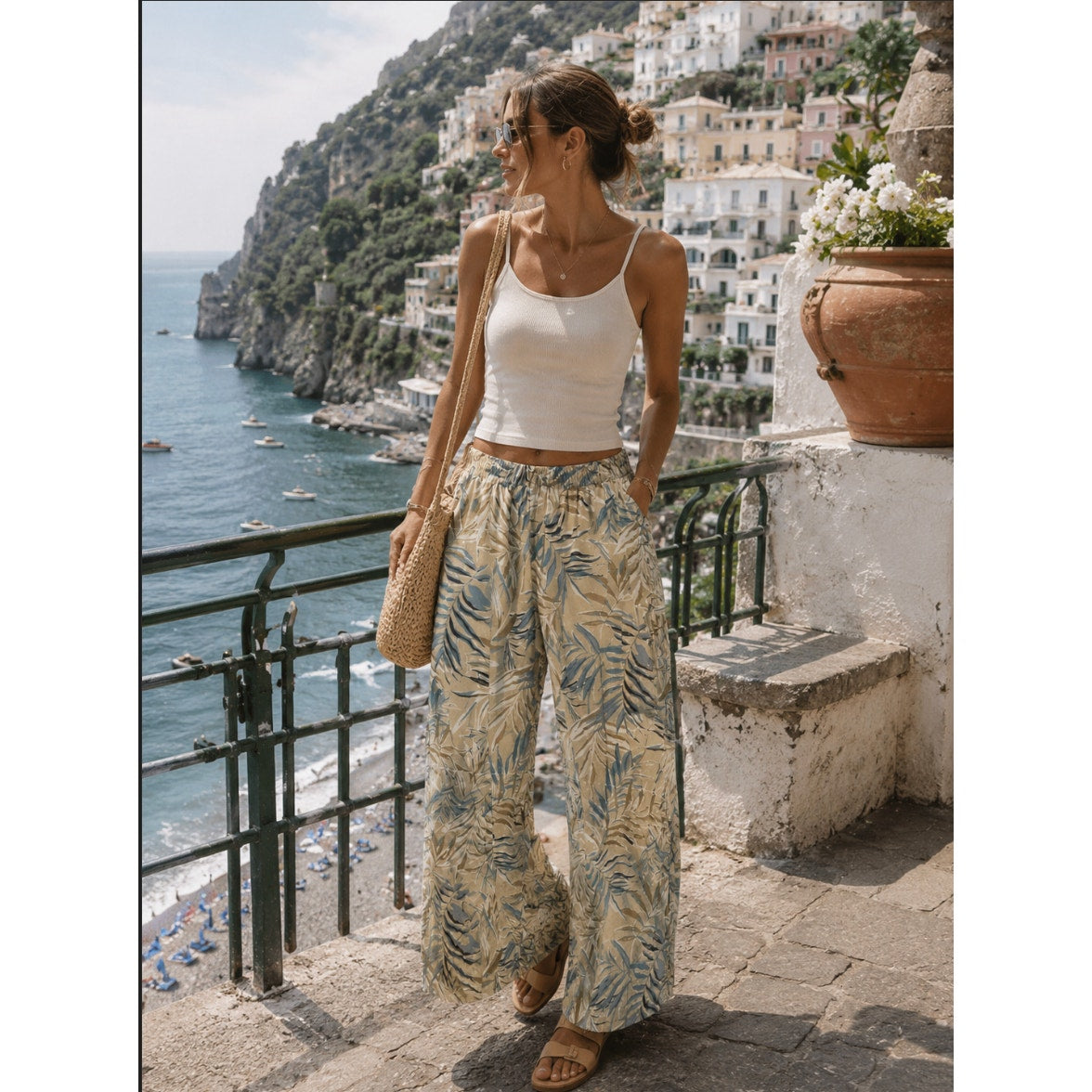 C&C California Tan Leaf Pattern Hawaiian Style Elastic Casual Pants Linen Small