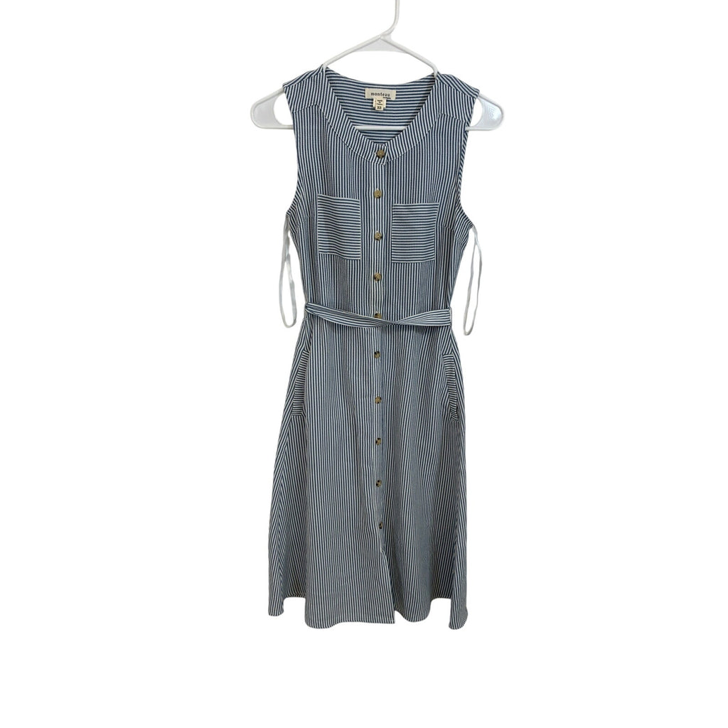 Monteau Coastal Preppy Sleeveless Button Front Belted Fit Flare Dress Pockets XS