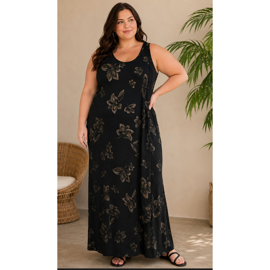 Vintage Hugs & Kisses Dainty Cottage Boho Plus Black Maxi Bodycon Slip Dress 3XL