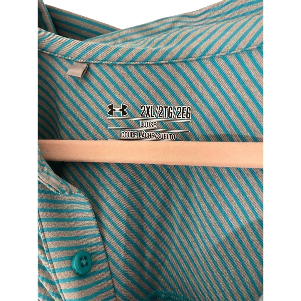 Men's Under Armour Teal Stripe 2XL Button Golf Tech Polo Country Club Preppy