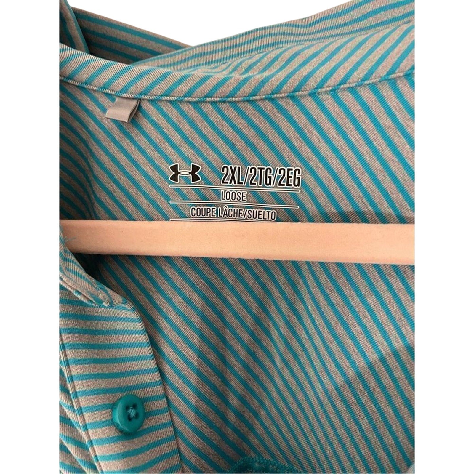 Men's Under Armour Teal Stripe 2XL Button Golf Tech Polo Country Club Preppy