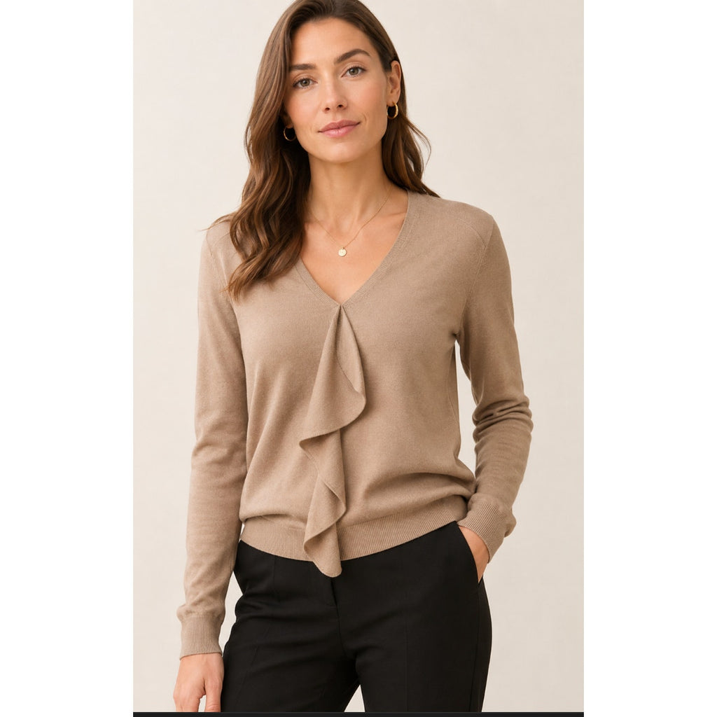 NWT LOFT Women's Size Small Ruffle Pullover Sweater V-Neck Career Tan Wool Blend