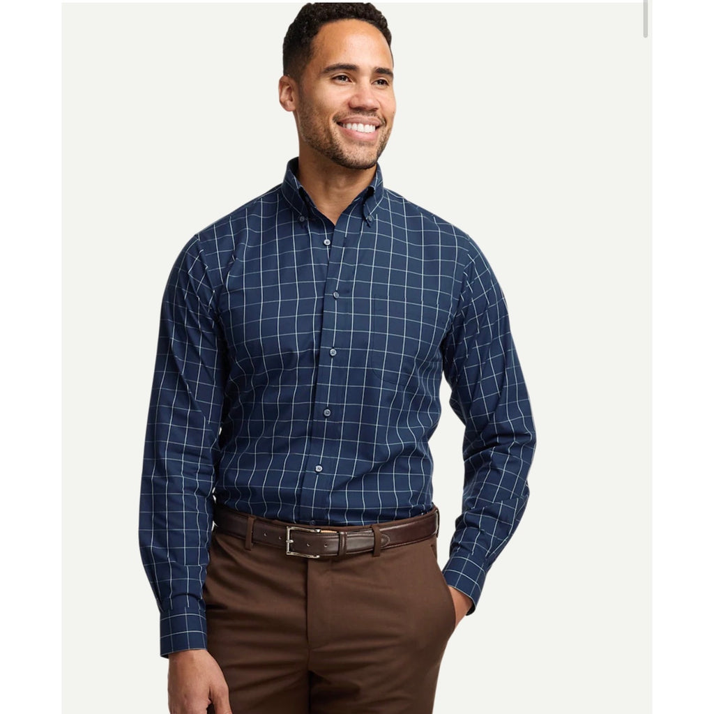 Paul Fredrick Blue Grid Check Dress Shirt Mens 17.5  Button Down Long Sleeve New