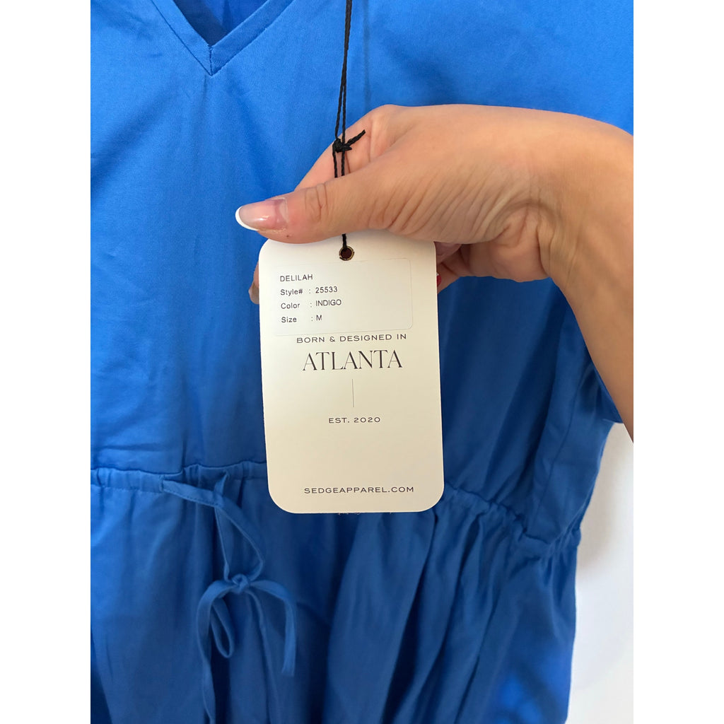 NWT S’Edge Delilah Puff Sleeve Mini Dress Blue Prep Minimalist Stretchy Girly M
