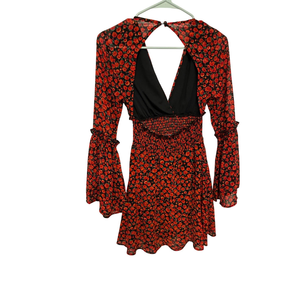 Cider Floral Mini Dress XS Red Black Goth Whimsygoth Bell Sleeve Smocked Grunge