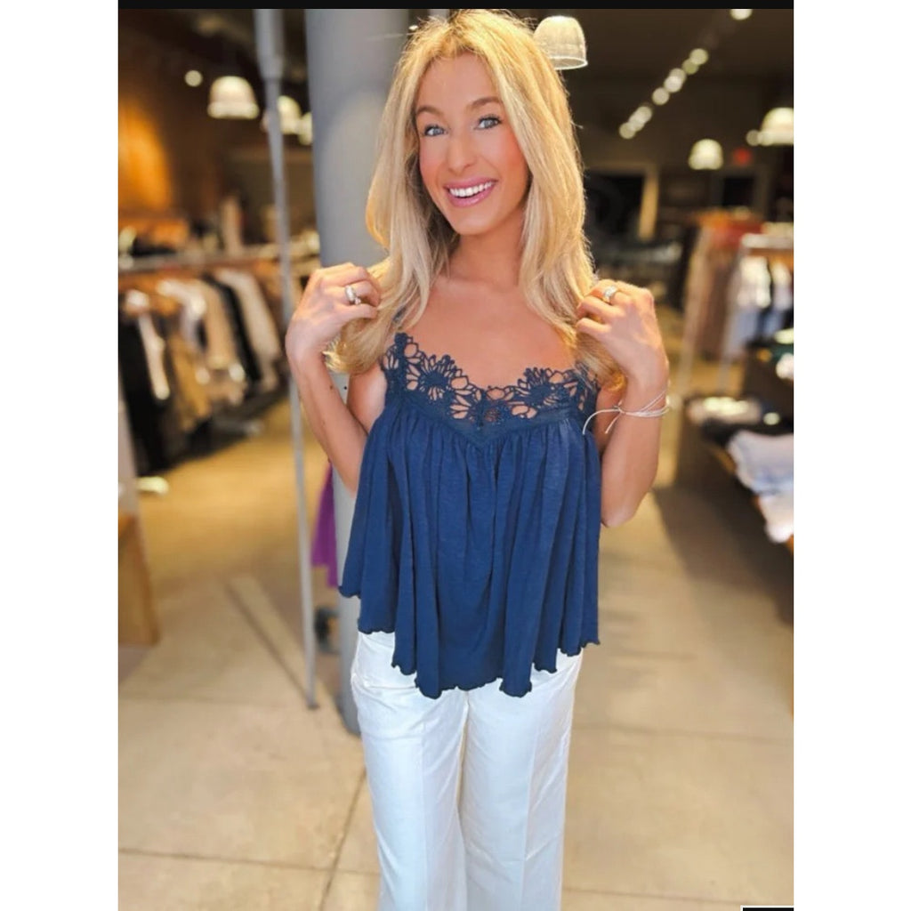 Navy FREE PEOPLE KAYLA TANK Women's Boho Crochet Lace Dainty Preppy Minimal L