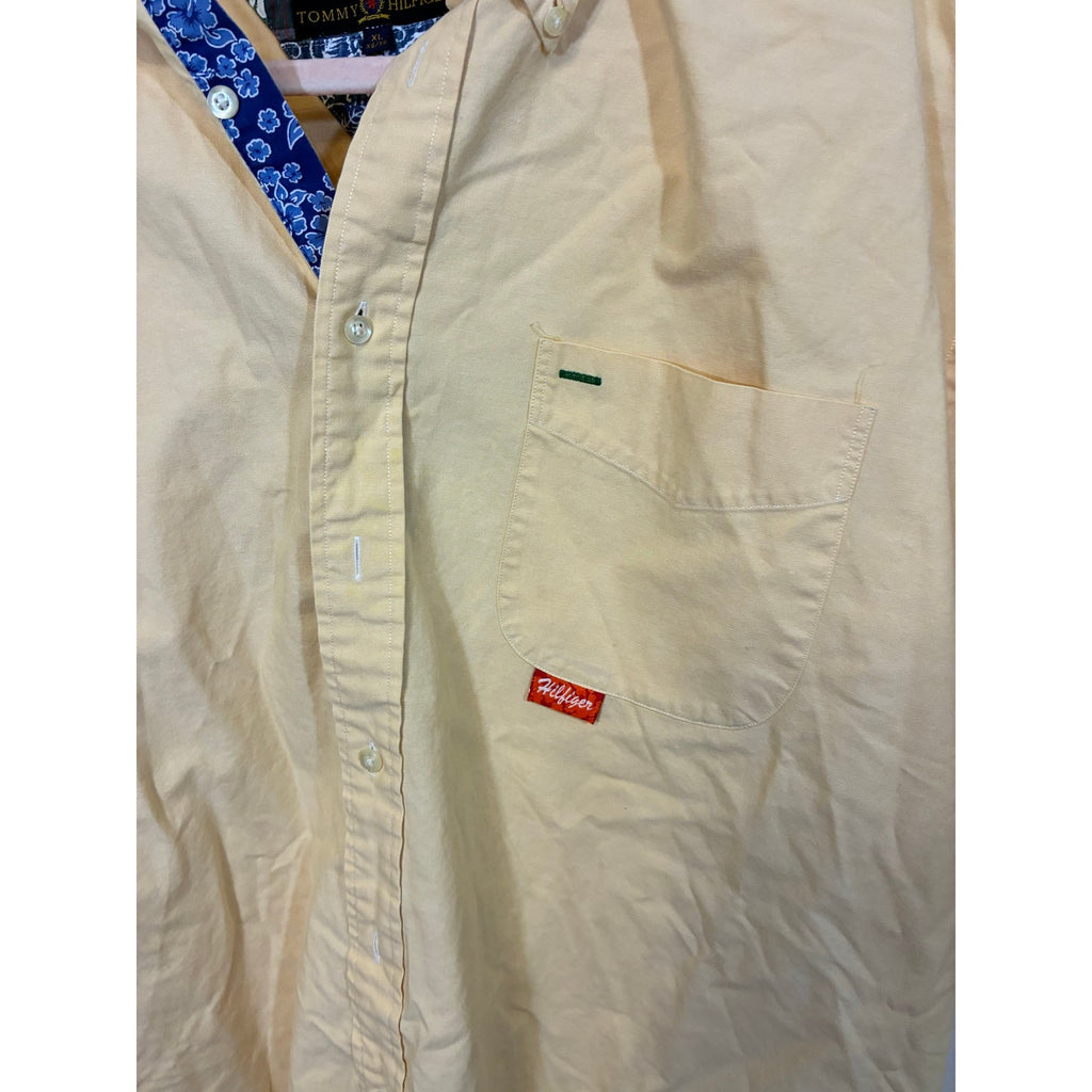 Vintage Tommy Hilfiger Y2K Yellow Button Down Shirt XL Patch Trim Coastal Preppy