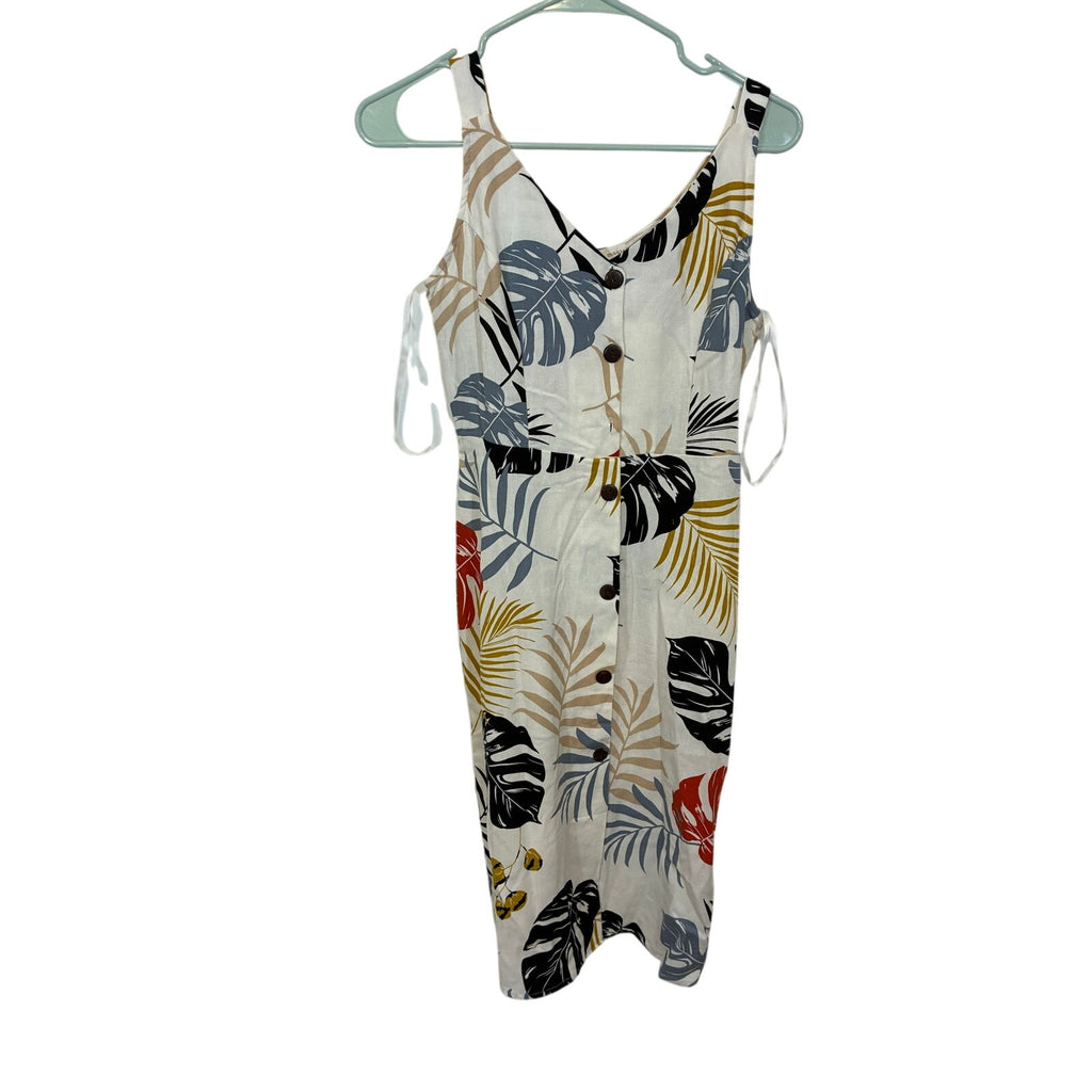Monteau Tropical Print Linen Blend Midi Dress Resort Vacation Style S