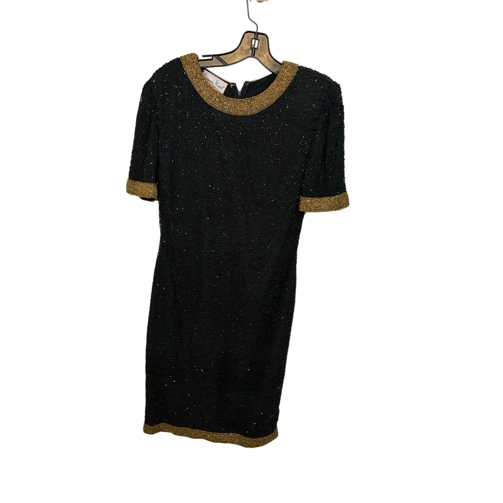 Laurence kazar Evening Dress 100% Silk Black Beading Knee Length S Vintage