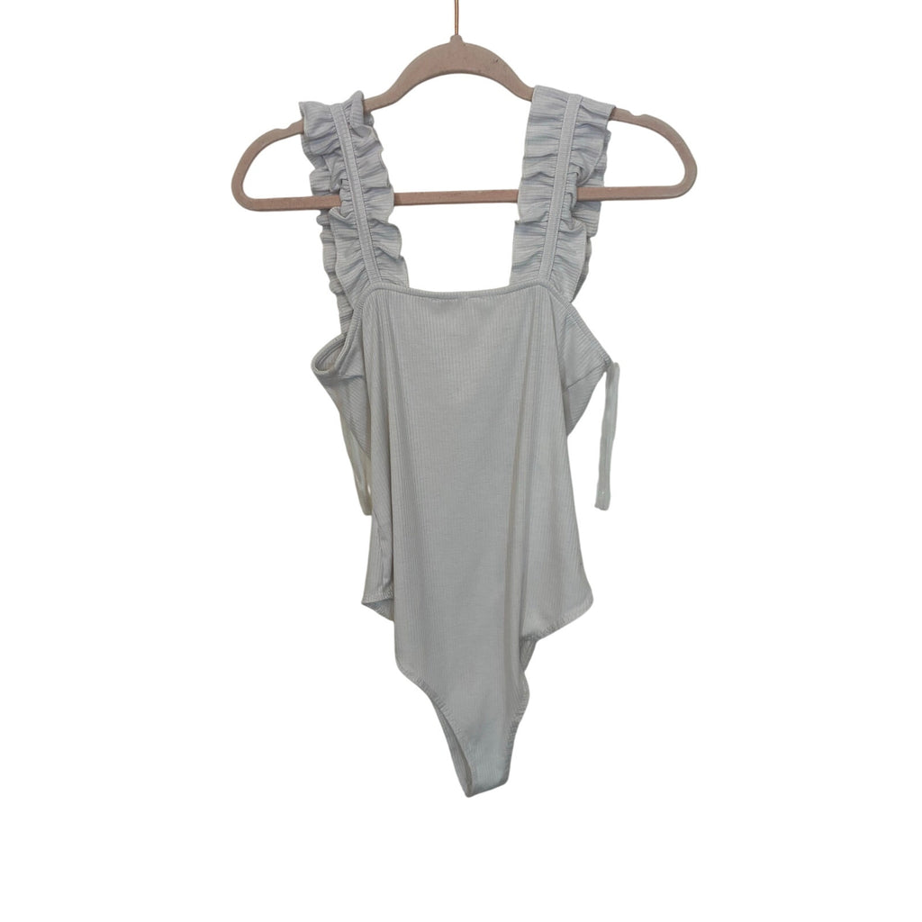 Entro White and Tan Bundle Ribbed Ruffled Tank Sleeveless Bodysuit Casual Basic