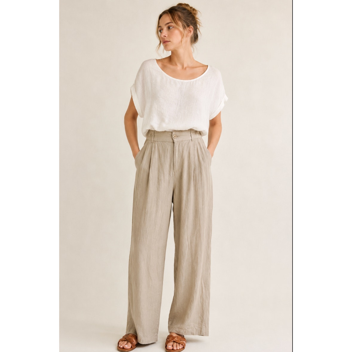 High-Rise Linen Pleat Front Straight Pants Rewash Lagenlook Neutral Gauzy