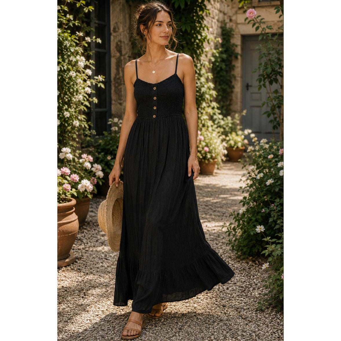 Maeve Anthropologie Black Smocked Milk Maid Spaghetti Strap Maxi Dress Black M