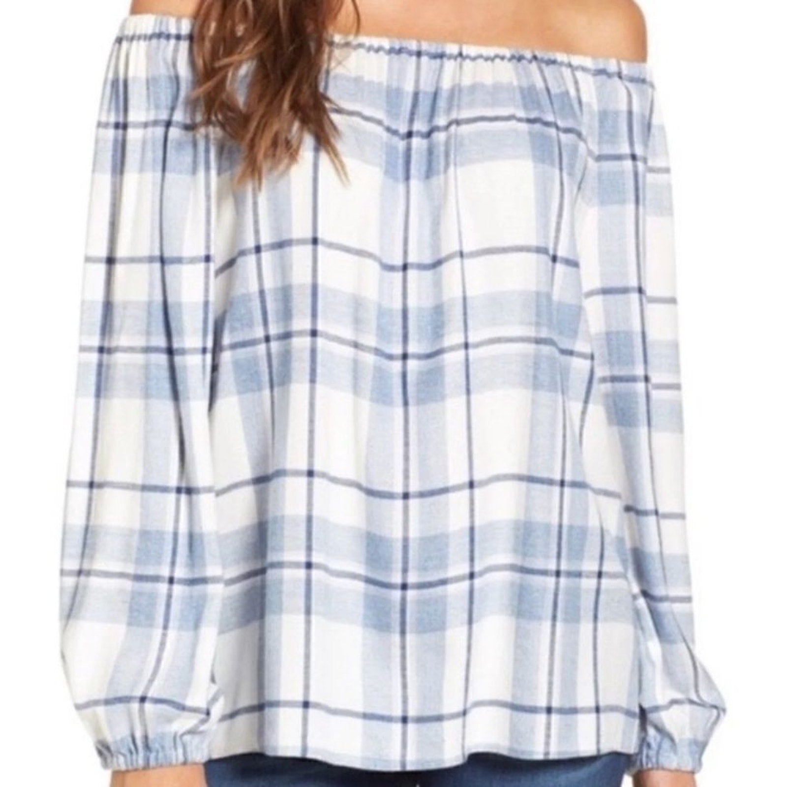 Two  Vince Camuto Petite XS Madras Plaid Off The Shoulder Long Sleeve Blouse