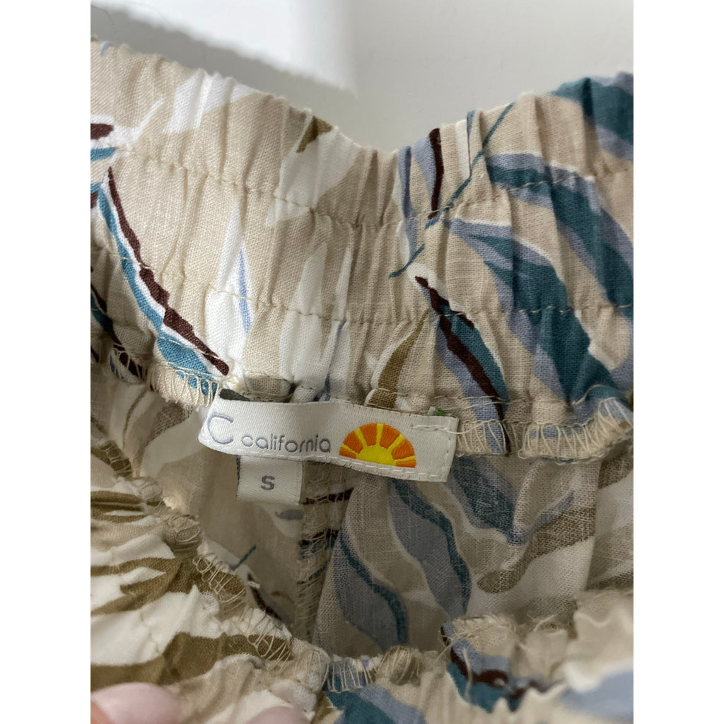 C&C California Tan Leaf Pattern Hawaiian Style Elastic Casual Pants Linen Small