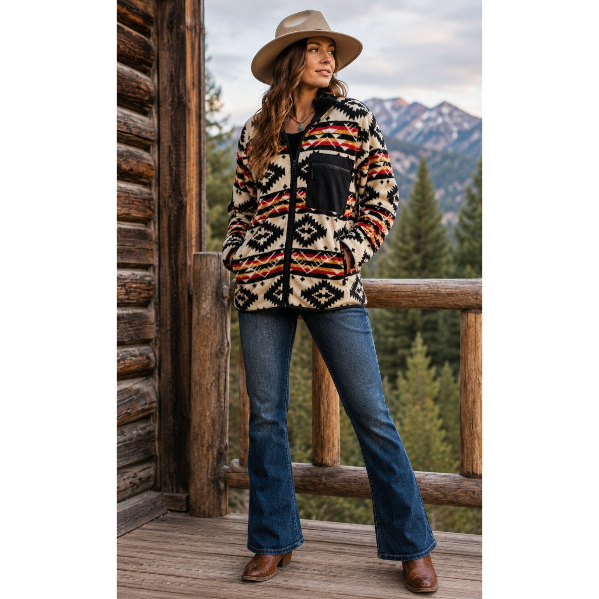 Aztec Fleece Zip-Up Jacket Western Boho Outerwear Original Deluxe Winter Small