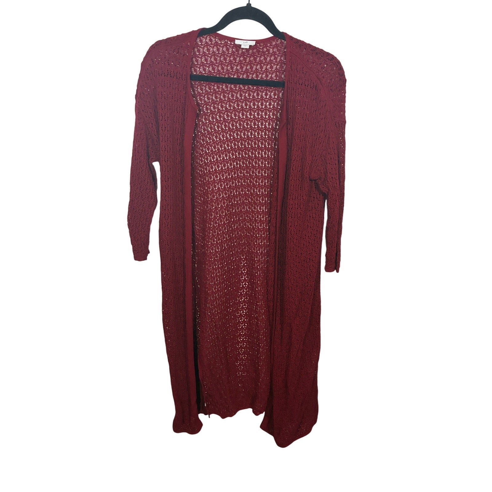 J.Jill Open Knit Long Line Cardigan Cranberry Crochet Open Front Sweater Women S
