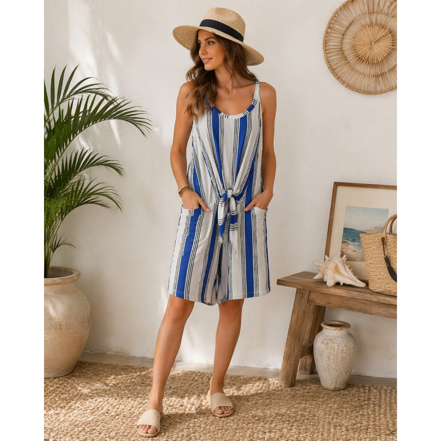 Women's Lovetree Beachcore Lagenlook Coastal Grandma Beachy Stripe Romper SZ M