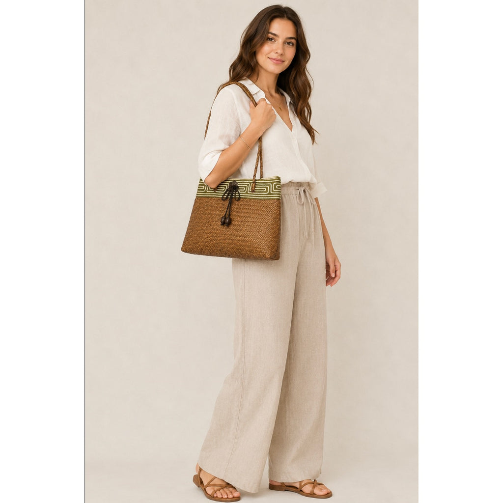 Woven Straw Women's Small Floral Earthly Bohemian Tote Eclectic Vintage Hippie