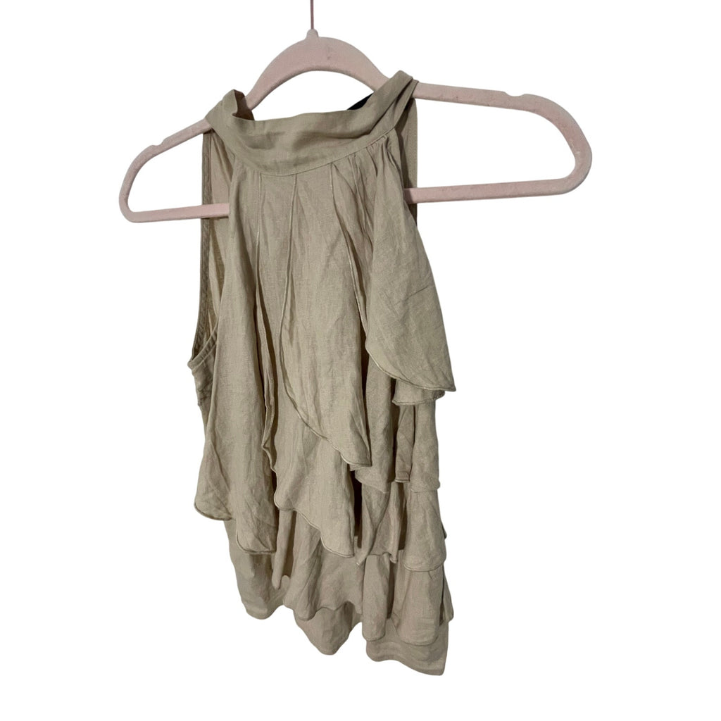 Elena Solano Women Old Money Nude Linen Front Tie Formal Dressy Ruffle S Blouse