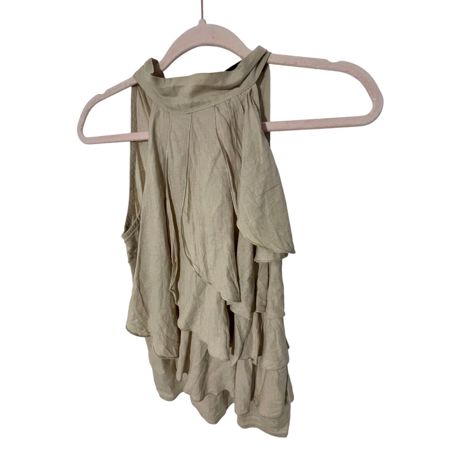 Elena Solano Women Old Money Nude Linen Front Tie Formal Dressy Ruffle S Blouse