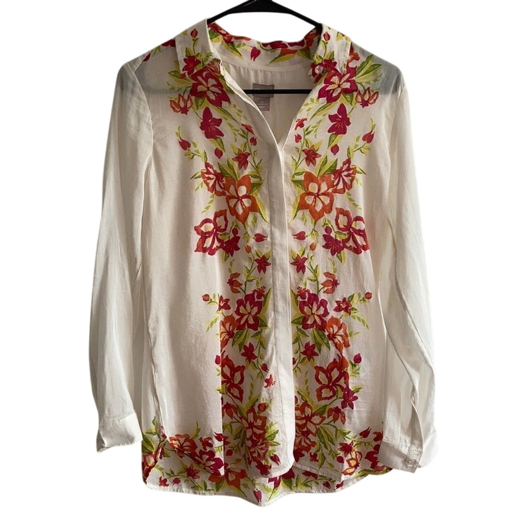 Chico's Coconut Floral Western Equestrian Rodeo Ranch Boho Button Up Cotton Top