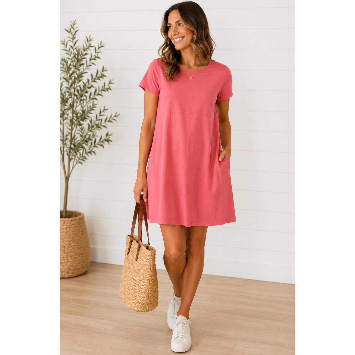 L.L. Bean Womens Easy Cotton Shift Dress Size PM Medium Pink Coral Short Sleeve