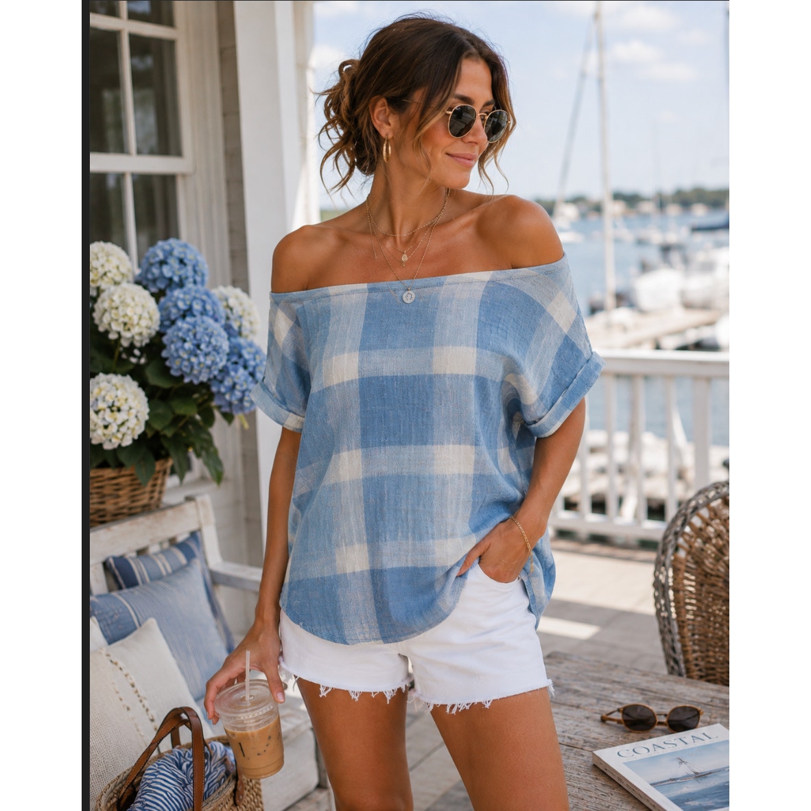 Women’s Short Sleeve Plaid Blue Rain Cotton Preppy Minimalist Gingham Yacht Navy