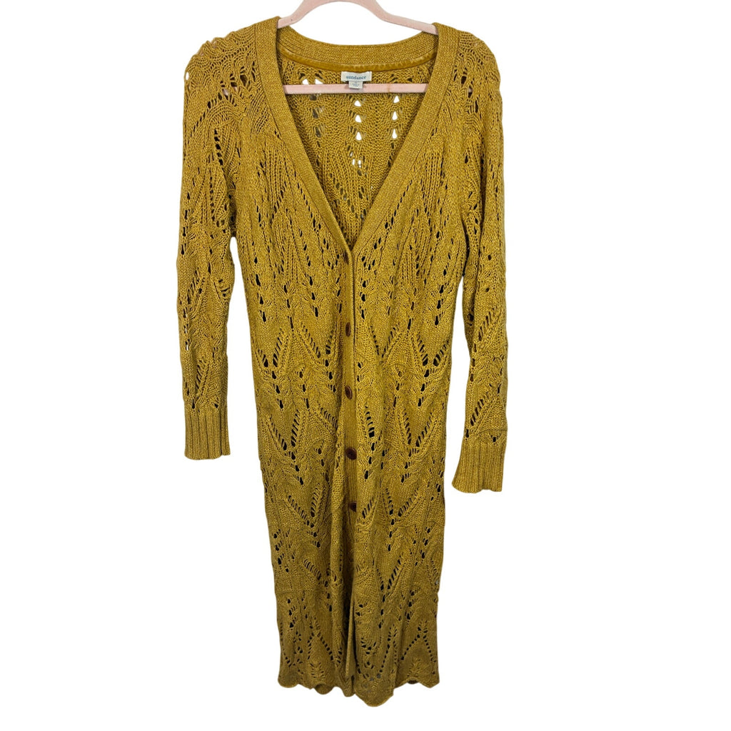 Sundance Autumn Light Silk Blend Pointelle Duster Cardigan Mustard Longline M