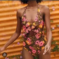 Aerie Floral Ruffle Halter Cutout One Piece Full Coverage Swimsuit Womens XS