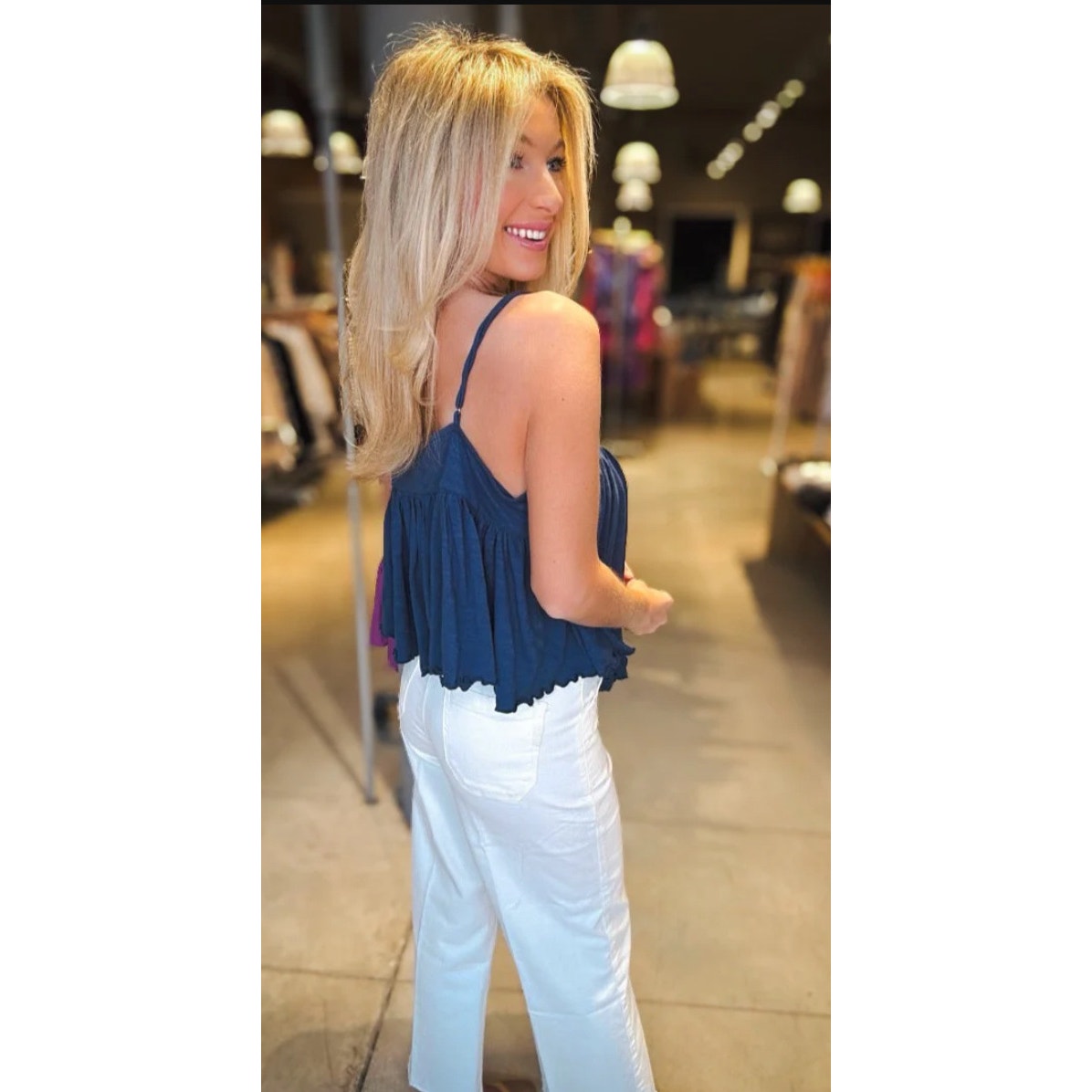 Navy FREE PEOPLE KAYLA TANK Women's Boho Crochet Lace Dainty Preppy Minimal L